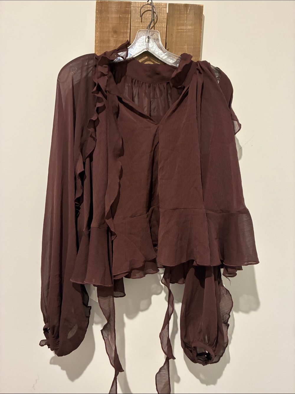 Commense Chocolate Brown Ruffle Tie-Neck Blouse
